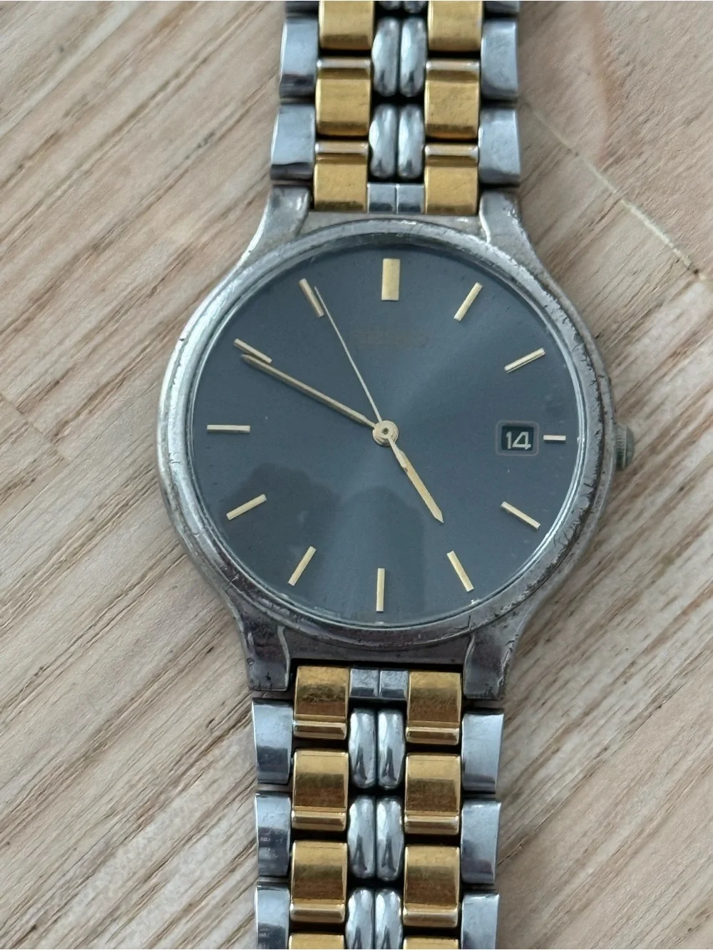 Seiko Vintage Watch Gray Dial Two-Tone Bracelet New Crystal Date Window